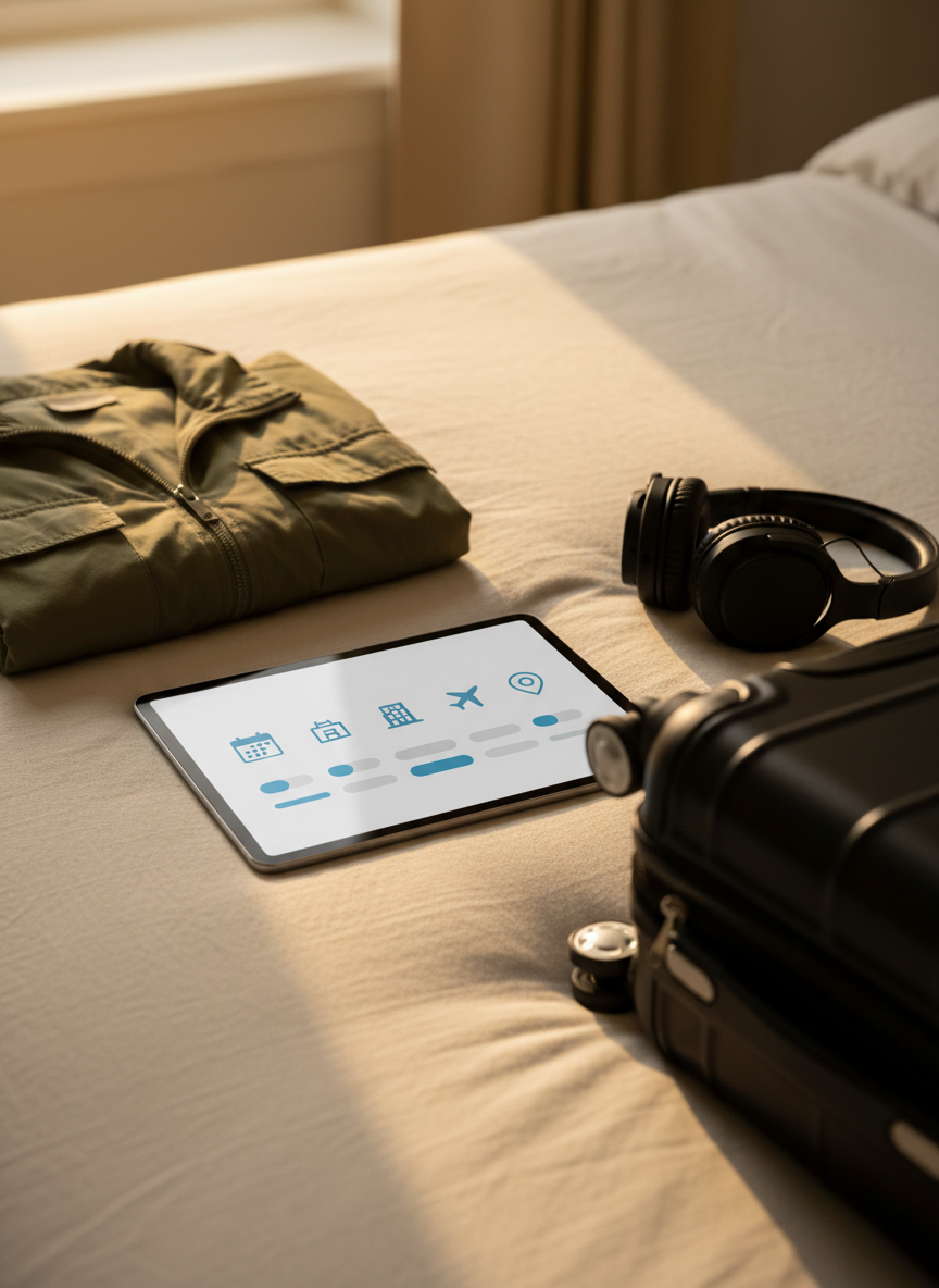 A stylish tablet lying on a linen-covered bed, its screen displaying a clean, step-by-step visual flow of a travel planning form: icons for a calendar, hotel building, airplane, and map pin arranged in a linear path, with abstract bars and shapes suggesting sliders and multiple-choice options, but no readable text. Around the tablet rests a neatly folded lightweight jacket, a compact carry-on suitcase partially in frame, and a pair of noise-cancelling headphones. Soft golden-hour light falls across the scene from a nearby window, casting gentle gradients and creating a warm, anticipatory atmosphere. Photographic realism, slightly elevated angle, with shallow depth of field emphasizing the tablet as the central tool for effortless trip planning.