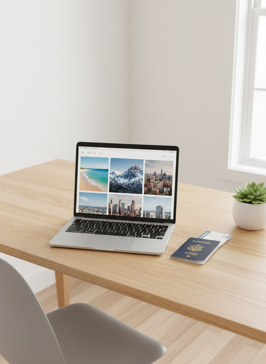 A bright, minimalist home office space with a slim laptop on a pale oak table, its screen displaying a clean, card-based interface of editable ready-made trip tiles, each showing different landscapes like beaches, mountains, and cities without any text. Beside the laptop are a closed passport, a single boarding pass with abstract markings, and a small potted plant in a white ceramic pot. Diffused overcast light enters through a large unseen window, creating an even, soft illumination and a focused yet relaxed mood. Shot from a slightly elevated angle, with photographic realism and a professional, organized aesthetic that emphasizes easy customization of curated trips.