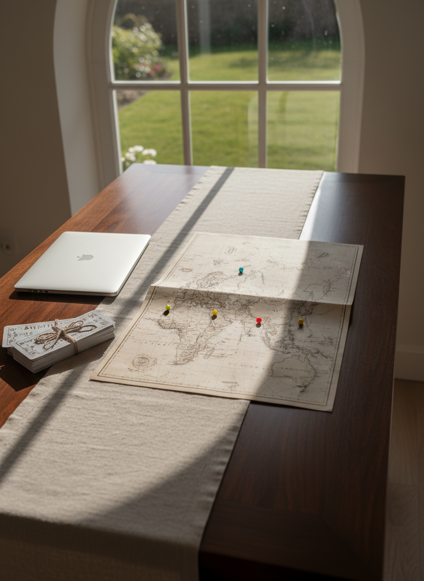 A sophisticated wooden dining table set near a large window, covered with a simple beige runner. On the table lies a large, folded world map with several small, colored markers placed on different continents, representing selected trips over a year. Beside it, a slim, closed laptop and a stack of elegant, ticket-shaped cards tied with a thin twine allude to upcoming journeys. Late-morning natural light pours in, producing crisp, but soft-edged shadows and a clear, optimistic mood. Captured from a three-quarter overhead angle in photographic realism, the composition is balanced and uncluttered, conveying the idea of a structured annual travel plan or subscription package.