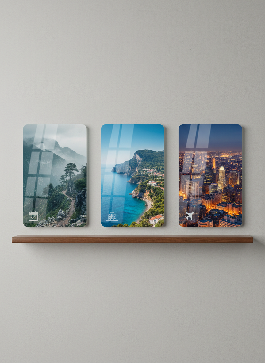 A narrow console shelf against a matte light-gray wall, holding three vertical, frameless glass panels, each showing a vivid photographic scene of a different type of trip: a sunlit Mediterranean coastline, a misty mountain trail, and a glowing evening city skyline. Subtle icons for hotel, calendar, and airplane appear as faint, translucent overlays on each panel, suggesting configurable packages rather than text. Soft, diffused studio lighting evenly illuminates the glass surfaces, creating gentle reflections and a refined, professional atmosphere. Photographic realism with a straight-on composition, symbolizing a curated mix of travel styles that can be tailored by answering a few simple questions.