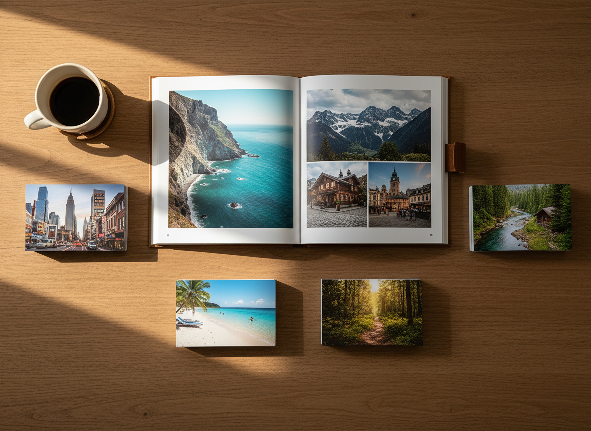 A neatly arranged coffee table scene featuring an open, high-quality photo book displaying a montage of diverse travel photos: turquoise seaside cliffs, a snowy mountain lodge, a historic European town square, and a serene forest trail. Around the book lie three tidy stacks of glossy travel cards, each stack showing a distinct theme like city breaks, beach getaways, and nature retreats, all without any text. Warm late-afternoon sunlight streams across the wooden surface, creating long, soft shadows and a cozy, aspirational mood. Captured from a top-down, bird’s eye view with sharp focus throughout, in photographic realism, symbolizing ready-made travel inspirations to choose from quickly.