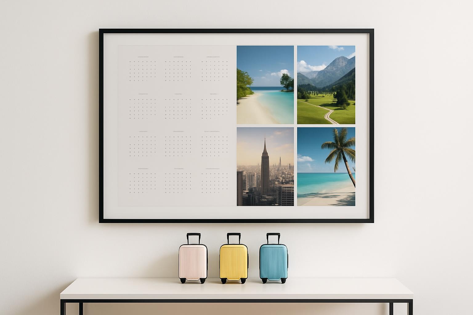A clean white wall with a large framed photographic print showing a collage-like layout: on the left, an elegant calendar grid subtly highlighted for multiple months, and on the right, vivid images of various destinations representing an annual travel package—tropical beaches, alpine valleys, and iconic skylines. Below the frame, a narrow console table holds three miniature suitcase models in different colors, arranged in a tidy row. Gentle, indirect daylight creates a soft, gallery-like ambiance with minimal shadows. The image is shot straight-on, photographic realism, with a balanced, professional composition that hints at a yearly subscription of thoughtfully scheduled trips without any visible text or branding.